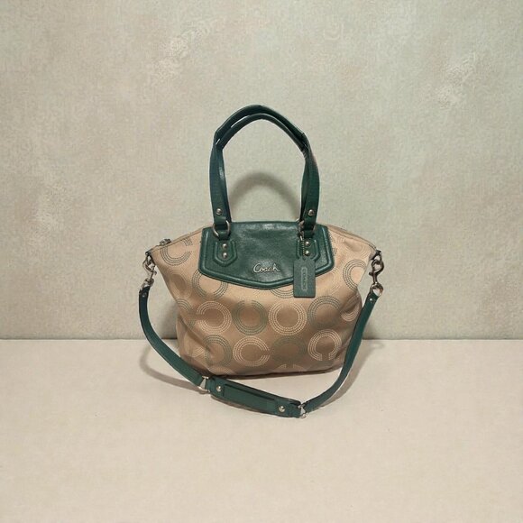 Coach Ashley Dotted OP Art North South Satchel F25183 Beige Sateen Green Leather - Picture 1 of 11